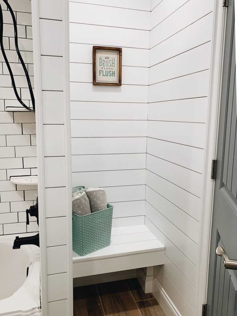 Farmhouse bath: shiplap bench