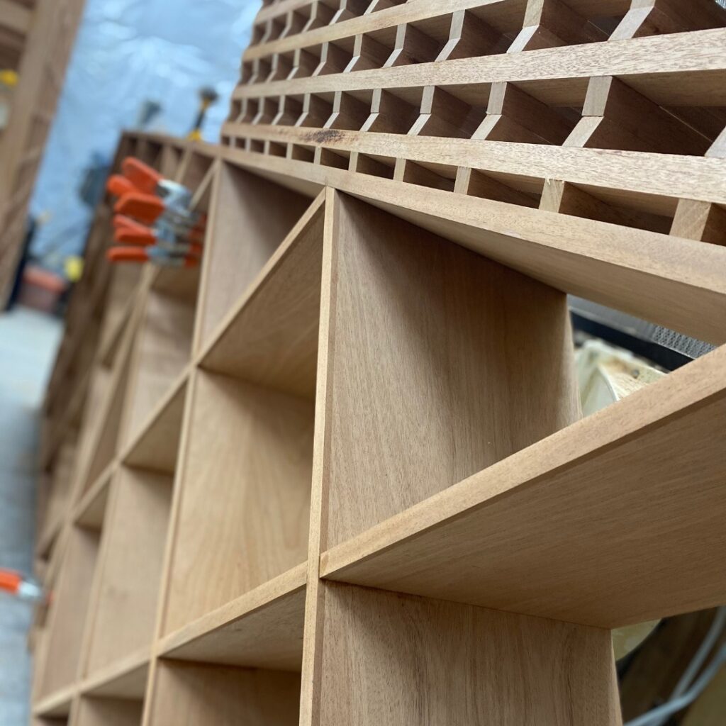 Close up of wine cellar in a shop being built.